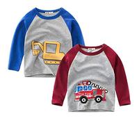 SUPFANS Toddler Boys 2-Pack Long Sleeve Dinosaur T-Rex Shirts 100% Cotton Excavator T-Shirts (Blue+Red, 3 Years)