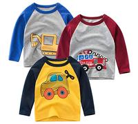 SUPFANS Toddler Boys 3-Pack Long Sleeve Excavator T-Shirt 100% Cotton Basic Tops Car Shirt, Set-e, 3 Years