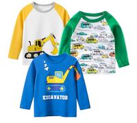 SUPFANS Toddler Boys 3-Pack Long Sleeve Excavator T-Shirt 100% Cotton Basic Tops Car Shirt (Set-F, 2T)