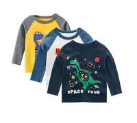 SUPFANS Toddler Boys 3 Pack Long Sleeve Shirts 100% Cotton Dinosaur Excavator Police Car T-Shirts
