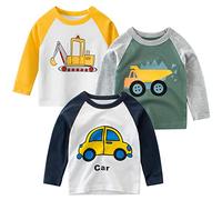 SUPFANS Toddler Boys 3 Pack Long Sleeve Shirts 100% Cotton Dinosaur Excavator Police Car T-Shirts