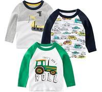 SUPFANS Toddler Boys 3 Pack Long Sleeve Shirts 100% Cotton Dinosaur Excavator Police Car T-Shirts