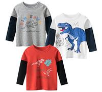 SUPFANS Toddler Boys Long Sleeve Shirts 100% Cotton T-Rex Dinosaur T-Shirts Multipacks, C-3 Pack, 6 Years