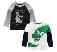 SUPFANS Toddler Boys Long Sleeve Shirts 100% Cotton T-Rex Dinosaur T-Shirts Multipacks, Set-02, 5 Years