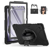 SUPFIVES Case for Samsung Galaxy Tab A9 Plus 11 Inch 2023, Liquid Silicone Heavy Duty Shockproof Protector Tab A9 Plus Cover with 360°Rotating Stand+ Hand Strap+ S-Pen Holder+ Shoulder Strap, Black