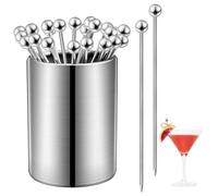 Supkiir 25Pcs Metal Cocktail Picks and Holder Kit, 4.3" Reusable Stainless Steel Cocktail Skewers, Martini Picks for Drinks Cocktails Bloody Mary Sandwiches BBQ Snacks Olives Appetizers Fruit