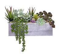 Supla 10 Pcs Assorted Artificial Succulent Plants in Rectangular Brown Wooden Planter Box, 11.4" x 3.7" x 10.2" (L X W X H), Rustic Style, Perfect for Home Decor, Wedding, Patio, Garden