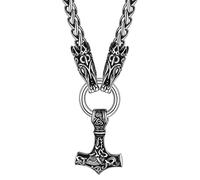 Suplght Stainless Steel Viking Odin Thunder Hammer and Roaring Wolf Head Amulet Necklace Nordic Viking Gift for Men