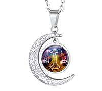 Suplight 12 Constellation Necklace, Stainless Steel Horoscope Necklaces Astrology Jewelry, Libra Zodiac Signs Glass Crescent Moon Pendant with Cable Chain Birthdays for Women
