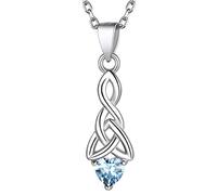 Suplight 925 Sterling Silver Good Luck Irish Celtic Knot Triangle Pendant Necklace, Aquarmarine March Birthstone Celtic Heart Knot Necklace for Women Teen Girls