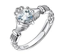 Suplight 925 Sterling Silver Irish Claddagh Heart Promise Ring, Created Cubic Zirconia CZ April Birthstone Delicate Thin Adjustable Engagement Wedding Ring for Her Women Girls Ladies