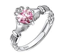 Suplight 925 Sterling Silver Irish Claddagh Heart Promise Ring, Created Pink October Birthstone Delicate Thin Adjustable Engagement Wedding Ring for Her Women Girls Ladies