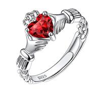 Suplight 925 Sterling Silver Irish Claddagh Heart Promise Ring, Created Red Garnet January Birthstone Delicate Thin Adjustable Engagement Wedding Ring for Her Women Girls Ladies