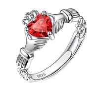 Suplight 925 Sterling Silver Irish Claddagh Heart Promise Ring, Created Red Ruby July Birthstone Delicate Thin Adjustable Engagement Wedding Ring for Her Women Girls Ladies