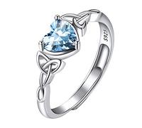 Suplight 925 Sterling Silver Rings March Birthstone Jewellery Aquamarine Heart Shaped Adjustable Celtic Knot Solitaire Engagement Ring for Women