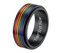 Suplight Black LGBT Pride Ring Stainless Steel Customized Engraved Rainbow Lesbian Gay Spinner Fidget Ring for Anxiety Gay Pride Jewelry Size 8