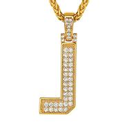 Suplight Custom Name Pendant, J Necklace, Mens Womens Capital Initial Letter Pendant Necklace, Bling Jewelry Necklace, Gold Plated Simulated Diamond Necklace for Men