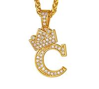 Suplight Initial Necklaces Gold with Crown, Cubic Zirconia Monogram Necklace A-Z, Tennis Chain Pendant Hip Hop Jewelry, Womens/Mens Alphabet Letter Necklace C