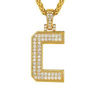 Suplight Monogram Name Necklaces, Necklace Letter C, Bling Hip Hop Jewelry, Gold Plated Micro Pave Cubic Zirconia A-Z Alphabet Initial Pendant Necklace for Men Boys