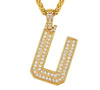 Suplight Necklace Initial U, Bling Hip Hop Jewelry, Gold Plated Micro Pave Cubic Zirconia A-Z Alphabet Letter Pendant Necklace for Men Boys