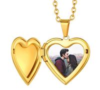 Suplight Personalized Love Heart Locket Necklace That Holds Pictures, Memory Locket Necklace, Gold Tone Personal Locket Necklace with Photos, Gift for Mother's Day, (LP8715K-OEMSL-UK-UK)