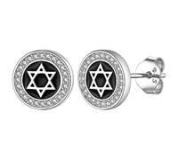 Suplight Sterling Silver Star Of David Earings Black Stud Round Circular Earrings for Men Women Unisex Fashion 6mm