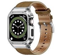 SUPLINK Metal Case with Leather Watch Strap Compatible Apple Watch Straps 42/44mm,Stainless Steel Rugged Protector Cover Bumper Genuine Leather Band for iWatch Series 6/5/4/3/2/1/SE(Brown/Silver)