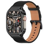 Suplink Metal Case with Leather Watch Strap Compatible Apple Watch Straps 49mm,Stainless Steel Rugged Protector Cover Bumper Genuine Leather Band for iWatch Ultra 2/1(Black,49mm)