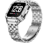 SUPLINK Stainless Steel Case and Band Compatible with Fitbit Versa 2 Bands/Versa/Versa 3/Fitbit Versa 4 Bands Men,Rugged Cover Strap for Fitbit Sense 2 Bands/Sense/Versa Lite Smart Watch, Silver