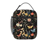 SUPLUCHOM Lunch Bag Wildflower Botanical Butterfly Flower Insulated Bento Box Cooler with Side Pocket for Girl Boy Women Men Work School Picnic Hiking Daytrip