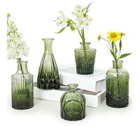 SUPMIND Glass Bud Vase Set of 5, Green Small Flower Vases for Centerpieces in Bulk, Mini Vintage Vase for Rustic Wedding, Home,Table Decoration