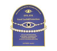 SUPNEER 18K Gold Evil Eye Bracelets for Women 5A Cubic Zirconia Eye Adjustable Link Bracelets Protection Jewelry Gift with Card for Mother's Day Christmas, 6.5+2inch, Cubic Zirconia