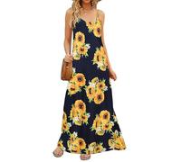 Supnier Women's Summer Maxi Dress Casual V-Neck Sleeveless Bohemian Spaghetti Strap Floral Long Maxi Dress with Pockets, Sunflower, XXL