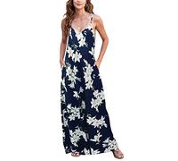 Supnier Women's Summer Maxi Dress Casual V-Neck Sleeveless Bohemian Spaghetti Strap Floral Long Maxi Dress with Pockets, A-lily Navy Blue, XXL