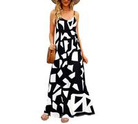 Supnier Women's Summer Maxi Dress Casual V-Neck Sleeveless Bohemian Spaghetti Strap Floral Long Maxi Dress with Pockets, Black and White, XL