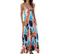 Supnier Women's Summer Maxi Dress Casual V-Neck Sleeveless Bohemian Spaghetti Strap Floral Long Maxi Dress with Pockets, B-leaf Print, M