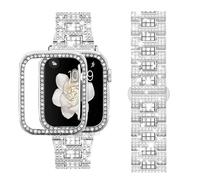 SUPOIX Compatible with Apple Watch Band 45mm + Case, Luxury Shiny Diamond Replacement Metal Strap for Women & Soft TPU Bumper Protective Case for iWatch Series 9 8 7(45mm,Silver)