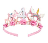 SuPoo 4th Birthday Headband Flower Unicorn Birthday Crown for Girls Princess Tiara 4th Birthday Decorations for Girl Hair Band Cute 4 Year Old Birthday Party Decorations Accessory