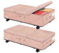 Supowin Under Bed Storage with Wheels, Rolling Underbed Storage Containers with Lids, Under Bed Shoe Storage Bins Organizer with Reinforced Metal Bottom Support and Three Handles, 2 Pack Pink