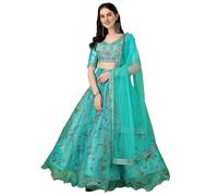 Suppar Sleave Lehenga Choli Digital Printed Organza for Women, Sky Blue, One Size