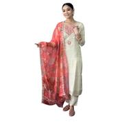 Suppar Sleave Women's Embroidered Pattern Chanderi Silk Kurta Pant Dupatta Set with Calf Length 3/4 Sleeve V-Neck and A- Line Style, Off White, XL