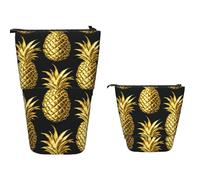 Supplies Box Gold Pineapple Background Standing Pencil Case Unique Design Pen Pouch Bag Lightweight Stationery Storage Bag for Teens, Adults, Office Supplies