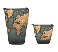 Supplies Box Wor-Ld Map Continents Pencil Pouch Big Capacity Stationery Bag Leather Standing Pencil Case for Office, Teens, Office Supplies