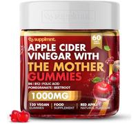 Supplmnt. Apple Cider Vinegar Gummies with The Mother - 1000mg ACV, B6, B12, Folic Acid, Pomegranate & Beetroot - Red Apple Flavour - 120 Vegan Gummies (60-Day Supply)