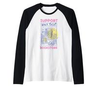 Support Bookstore Book Lover Reading Library Cat Novel Art Raglan Baseball Tee