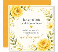 Supportive Good Luck Card - Boost of Courage and Cheer - Bright Yellow Floral Heart Design with Loving Message - A Little Card of Encouragement - 145mm Square, Envelope Included