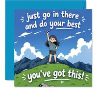 Supportive Good Luck Card - Brighten Their Day with a Cheerful Cartoon Girl - Uplifting Nature Scene in Fresh Blue and Green - 145mm Square, Envelope Included