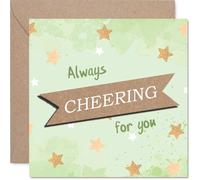 Supportive Good Luck Card - Stars and Uplifting Cheer - Motivational Gold and Green Design - Encourages with a Heartfelt Boost - 145mm Square, Envelope Included