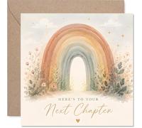 Supportive Good Luck Card - Wishing You Sunshine on Your New Journey - Watercolour Rainbow with Delicate Wildflowers and Stars - 145mm Square, Envelope Included