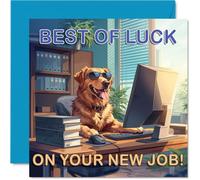 Supportive New Job Card - Cheeky Pup in Sunglasses Brings Office Vibes - Golden Retriever at a Desk Design - 145mm Square, Envelope Included